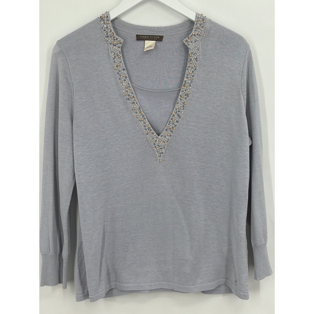 Vintage‎ Sigrid Olsen Silk Blend Beaded V-Neck Sweater Light Dusty Blue Size L